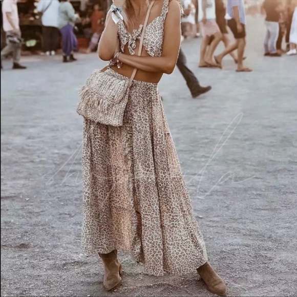 Boho leopard print maxi skirt tiered cinch - Picture 8 of 8